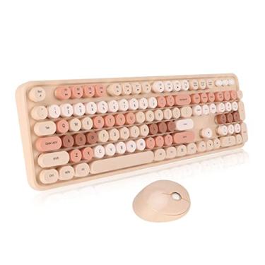 Imagem de Teclado sem fio e combinação de mouse, teclado colorido de chave redonda com bloco numérico, teclado kawaii ergonômico de 104 teclas para jogos de trabalho em casa escritório (cor mista de cor doce de chá)