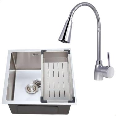 Imagem de Kit Cuba Cozinha Gourmet Quadrada 44x44 Inox 304 Escovada Completa Com Torneira Monocomando Cromada - SOFTINOX