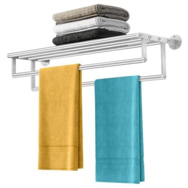 Imagem de XEENEW Toalheiro de 61 cm para suporte de toalha de banheiro prateleira com barras duplas de toalha, armazenamento de toalhas para banheiro montado na parede, toalheiro de aço inoxidável (níquel