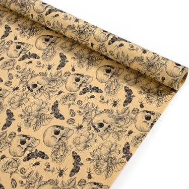 Imagem de Rolo de papel de embrulho de crânio com estampa de caveira rosa gótica para festa de Halloween, chá de bebê, festa de aniversário, suprimentos de embalagem, 43 cm × 80 m (Kraft)