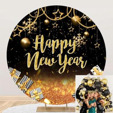 Imagem de OERJU Capa de fundo redondo feliz ano novo véspera de ano novo pano de fundo preto e dourado festival celebração festa decoração arco fundo suporte fotografia adereços 2,3 m
