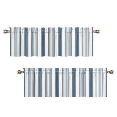 Imagem de Uiiooazy Sanefas listradas para janelas, listras azuis brancas e cinzas, sanefa de cozinha para quarto, sala de estar, banheiro, tratamentos geométricos de janela pequena, 2 painéis 132 x 30 cm