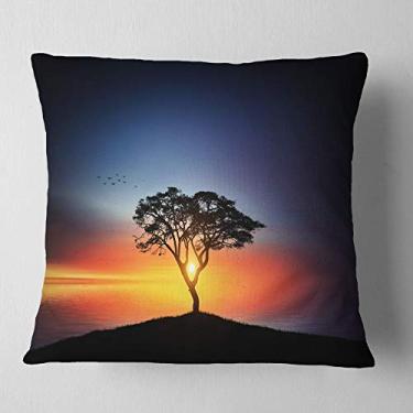 Imagem de Design lindo pôr do sol sobre a paisagem de árvore solitária, sala de estar, sofá, almofada de alta qualidade + capa de almofada impressa em ambos os lados 66 cm x 66 cm