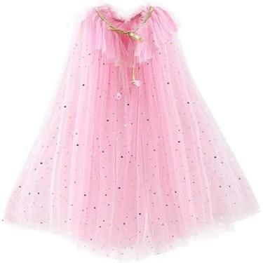 Imagem de Moslyn Capa para meninas, vestidos de capa, casaco, combinando, princesa, casamento, festa de aniversário, Halloween, estrela, lantejoulas, capa de verão, fantasias para meninas, vestido infantil médio, rosa)