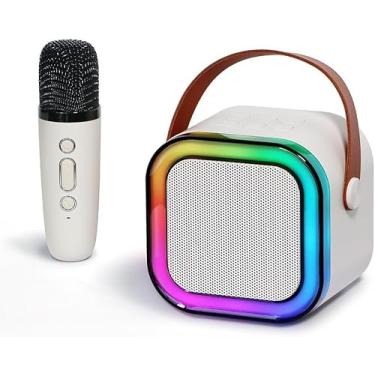 Imagem de ￼K12 Caixa de som sem fio com microfone Karaokê, Mini Alto-falante Bluetooth portátil de Karaoke com 2 Microfone Cor Bege
