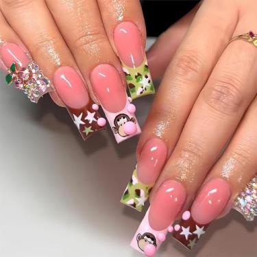 Imagem de 24 peças unhas postiças quadradas com ponta francesa comprida rosa cobertura completa unhas postiças de acrílico com pingentes 3D e design de strass, unhas de pressão, cola com glitter nas unhas