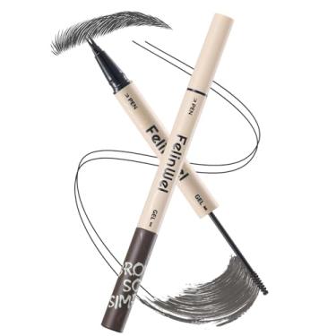 Imagem de FelinWel Caneta de sobrancelha e rímel de ponta dupla - Lápis de sobrancelha à prova d'água com ponta de 2 garfos e gel de sobrancelha matizado para sobrancelhas mais cheias, nº 01 cinza e preto