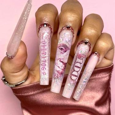 Imagem de Unhas postiças compridas com cola 2GG, unhas postiças dos EUA, unhas postiças, unhas de acrílico, unhas de dólar, unhas artificiais com glitter, para mulheres e meninas, 24 peças (unhas compridas