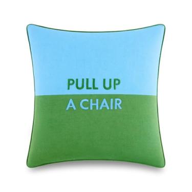 Imagem de Kate Spade New York Almofada decorativa reversível Pull Up A Chair, 50,8 cm x 50,8 cm para cama ou sofá, capa de algodão e linho, azul e verde