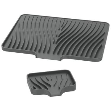 Imagem de 2 peças de tapete de secagem de pratos de silicone com borda de drenagem, almofada de secagem de louça, tapete de escorredor de louça, tapete de secagem antiderrapante para bancada de cozinha para