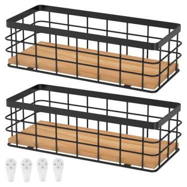 Imagem de Cesta pequena de armazenamento de arame de metal, 2 cestos suspensos pretos para organização, compartimentos organizadores decorativos de base de madeira para armários de cozinha, despensa, lavanderia