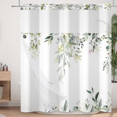 Imagem de Velaequezii Cortina de chuveiro sem gancho com forro de encaixe, cortina de banho de folha de videira verde sálvia com camada dupla, tecido lavável à prova d'água com janela superior de malha