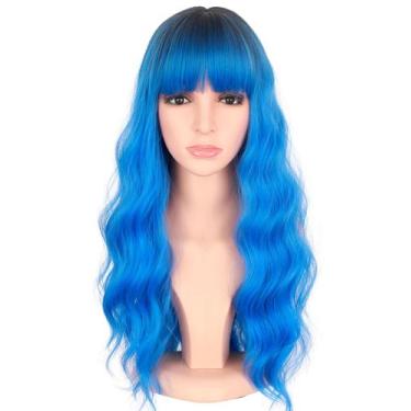 Imagem de Perucas SYMEIW, cabelo ondulado sintético azul com franja para mulhere