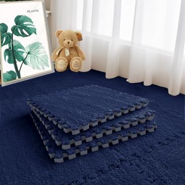 Imagem de Jaderlu 16 peças de tapetes de azulejo interligados engrossados de 1,5 cm, tapete de área de espuma vinílica acetinada macio e fofo para sala de estar e quarto, tapete de proteção antiderrapante para