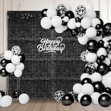 Imagem de 48 peças de fundo de parede preto brilhante, painel de fundo de foto de lantejoulas quadradas, fundo de parede com glitter para aniversários, casamentos, Halloween, noivados, decoração de festa de