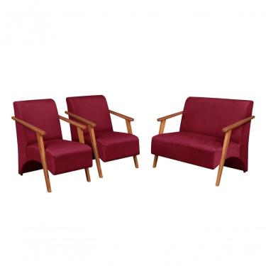 Imagem de Conjunto Venus Braços Em Madeira Maciça 1 Namoradeira 2 Poltronas Suede Unidecor Bordô