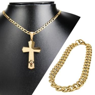 Imagem de pulseira + pingente pai nosso crucifixo + cordão banhado ouro aço pres