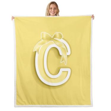 Imagem de jejeloiu Cobertor infantil com laço amarelo de lã 127 x 152 cm, monograma, sherpa, felpudo, ultra macio, personalizado, inicial C, para cama, sofá, cadeira, sala de estar, moderno, moderno, decoração