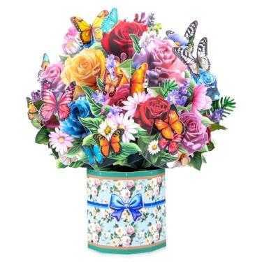 Imagem de DLYMXGC Cartões pop-up de flores de borboleta, buquê de flores de papel, cartões comemorativos com cartão de notas e envelope em branco, presente ideal para celebrar o amor, aniversário, aniversário