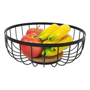 Imagem de Fruteira De Mesa Aramada Base de Madeira Frutas e Legumes 28,5CM Preta