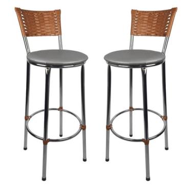 Imagem de KIT 2 Banquetas Alta Cromada Junco IMBUIA Cozinha Balcão Bancada - ESP