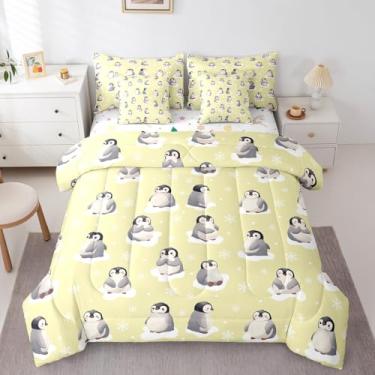 Imagem de Erosebridal Jogo de cama com desenho animado de pinguim, animais kawaii, flocos de neve de inverno (edredom + lençol de cima + 2 fronhas + 2 fronhas + 2 fronhas), conjunto de cama com 7 peças