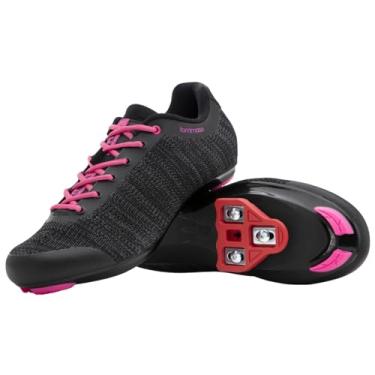 Imagem de Tênis de ciclismo feminino Tommaso Pista Aria Knit Spin Class Ready e conjunto com presilha compatível, Look Delta, SPD - Preto, Rosa, Cinza, Azul, Black/Pink - Delta, 8
