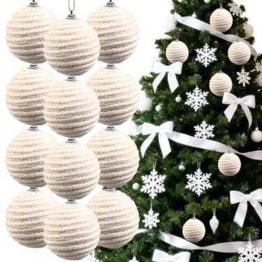 Imagem de 12 peças de enfeites de bola de Natal de 5 cm, corda de juta boho, decoração de bolas de Natal, enfeites para árvore de Natal, férias, grinalda, casamento, decoração de casa (branco e linho)
