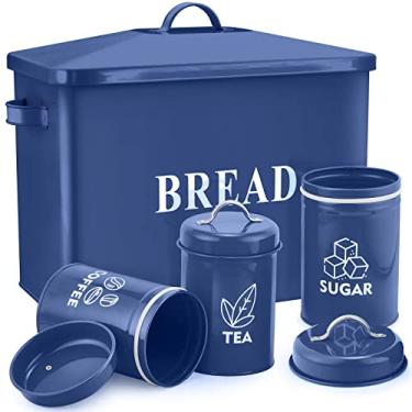 Imagem de Caixa de pão azul marinho com conjuntos de recipientes para bancada de cozinha, porta-recipientes de armazenamento de metal E-far para decoração de fazenda, estilo vintage e extra grande - comporta 2+ pães chá de açúcar e café