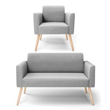 Imagem de Sofá Namoradeira com Poltrona Pés Palito Natural Marisa Suede Cinza D03 - D?Rossi