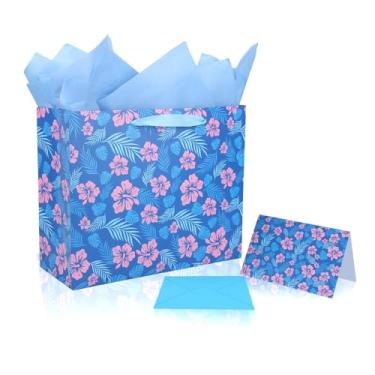 Imagem de SAVITA Conjunto de Sacolas de Presente Fofas com Estampa Havaiana, Conjunto Sacolas Presente com 3 Envelopes Papel Seda Cartões Comemorativos Embrulho Havaiano para Chá Bebê Artigos Festas Fim Ano