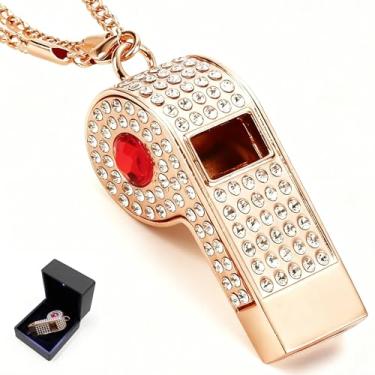 Imagem de PCTC Apito brilhante, apito de metal incrustado de cristal com corrente decorativa, ótimo para árbitros, treinadores, festa e acessório de presente [exterior dourado] (vermelho)