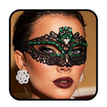 Imagem de Yalice Women Lace Masquerade Masks Rhinestone Eye Mask Black Lace Mask Sparkle Beaded Mardi Gras Mask for Roleplay (Green)