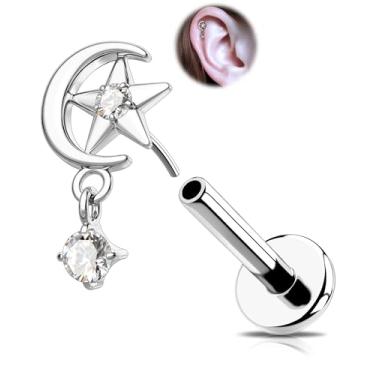 Imagem de OUFER Joias de piercing de hélice 18G, brincos de hélice de titânio sólido G23 com pino de pressão para frente, estrela da lua, brilhante, zircônia cúbica, pendente, labret, lábio, cartilagem, concha