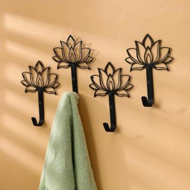 Imagem de Otoolling 4 peças de ganchos de metal de lótus para chaveiros decorativos de parede, 12 x 18 cm, cabideiro, montagem na parede, arte preta, decoração para presente, casacos, chapéus, toalhas, bolsas