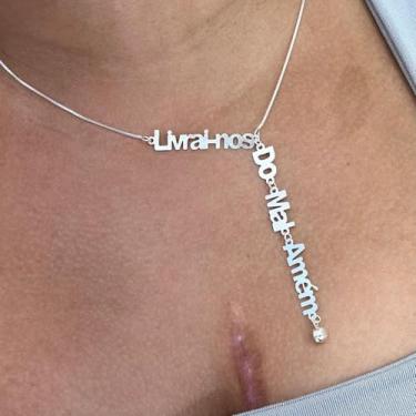 Imagem de Correntinha/gargantilha/frase: “livra-nos do mal, amém!”, banhado a prata 925