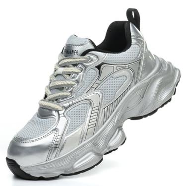 Imagem de AlkYutd Tênis feminino leve de plástico com bico de aço, à prova de perfuração, cadarço, Prata, 33