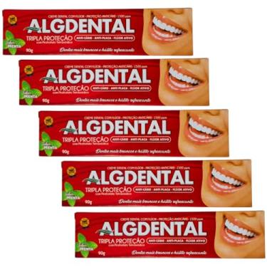 Imagem de Creme Dental AlgDental 90g– Branqueador e Refrescante com Flúor, Cálcio e Bicarbonato | Previne Cáries, Protege o Esmalte e Garante Hálito Fresco | 90g – ALGSUN | Kit com 5 Unidades
