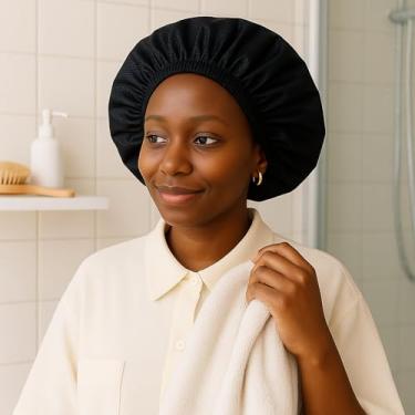 Imagem de Tratamento capilar com tampa térmica de alumínio, para aplicações de óleo quente, máscara e tingimento, alça elástica ajustável, adequada para chuveiro, sauna, preto