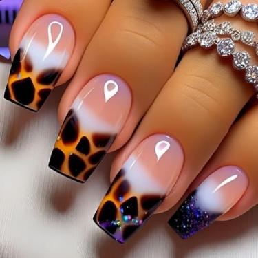 Imagem de Unhas postiças com estampa de leopardo marrom glitter brilhante unhas postiças quadradas médias nude gradiente cola em unhas acrílicas cobertura completa ponta francesa cola em unha para mulheres