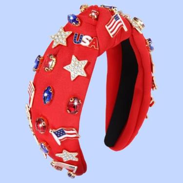 Imagem de Bandanas femininas de 4 de julho, acessórios de 4 de julho, faixas de cabelo patrióticas com bandeira americana, faixas de cabelo com nó de pérola de strass, contas enfeitadas, acessórios de cabelo