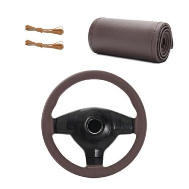 Imagem de MTRPS Capa de volante de couro genuíno, costura faça você mesmo, envoltório de volante antiderrapante com linha de agulha, protetor de volante com costura de 38 cm para carro, caminhão, SUV (café