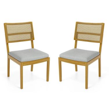 Imagem de Kit Com 2 Cadeiras Milena Madeira Maciça Assentos Estofados Encostos De Tela Palha Sextavada Linho Cinza 407