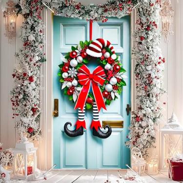 Imagem de BlissYard Capa de porta de Natal, 89 x 188 cm, guirlanda de pernas de elfo, faixa para decoração de férias, laço vermelho, enfeite de entrada, cenário engraçado, pendurar na parede para decoração de