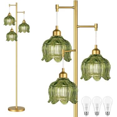 Imagem de ILLMTW Luminária de chão de vidro para sala de estar, quarto, luminária de pé moderna de meados do século dourado árvore de latão 3 lâmpadas de chão altas vintage retrô lâmpada de flor verde sombra