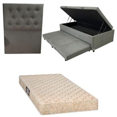 Imagem de Cama Box Baú Solteiro com Auxiliar (Bicama) + Colchão de Espuma Toulon D33 | Kit Completo com Cabeceira Botonê Opcional | Diversas Cores (3, SUEDE CINZA, COM CABECEIRA)