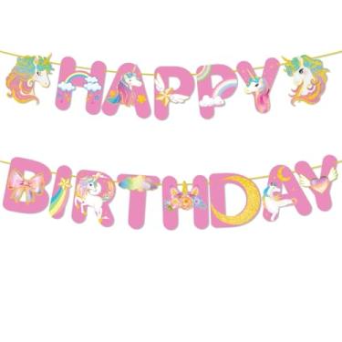Imagem de Pano de fundo de banner de feliz aniversário de unicórnio, bandeira de bandeira de bandeira de bandeira de bandeira de arco-íris para decoração de festa, guirlanda de pendurar rosa, adereços de cabine