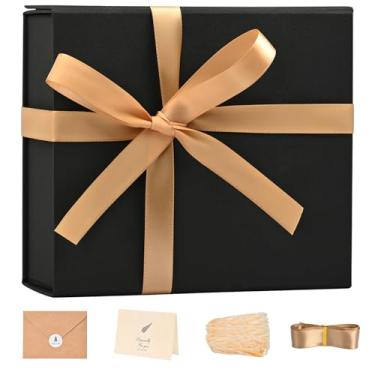 Imagem de LIFELUM Caixa de presente preta 20 x 18 x 7,6 cm, caixa de presente com tampa caixa de fechamento magnético, caixa resistente para presente, inclui cartões comemorativos, fita, enchimento de papel