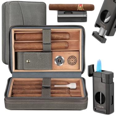 Imagem de TISFA Conjunto de umidificador de charuto e acendedor de charutos, estojo portátil de viagem para charutos com isqueiro multifuncional, inclui cortador em V para charutos, suporte para charutos,