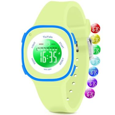 Imagem de TixYolo Relógio digital infantil com 7 luzes coloridas à prova d'água, alarme, cronômetro, pulseira macia, presente para crianças, relógio esportivo para meninos e meninas de 5 a 12 anos, Verde - L